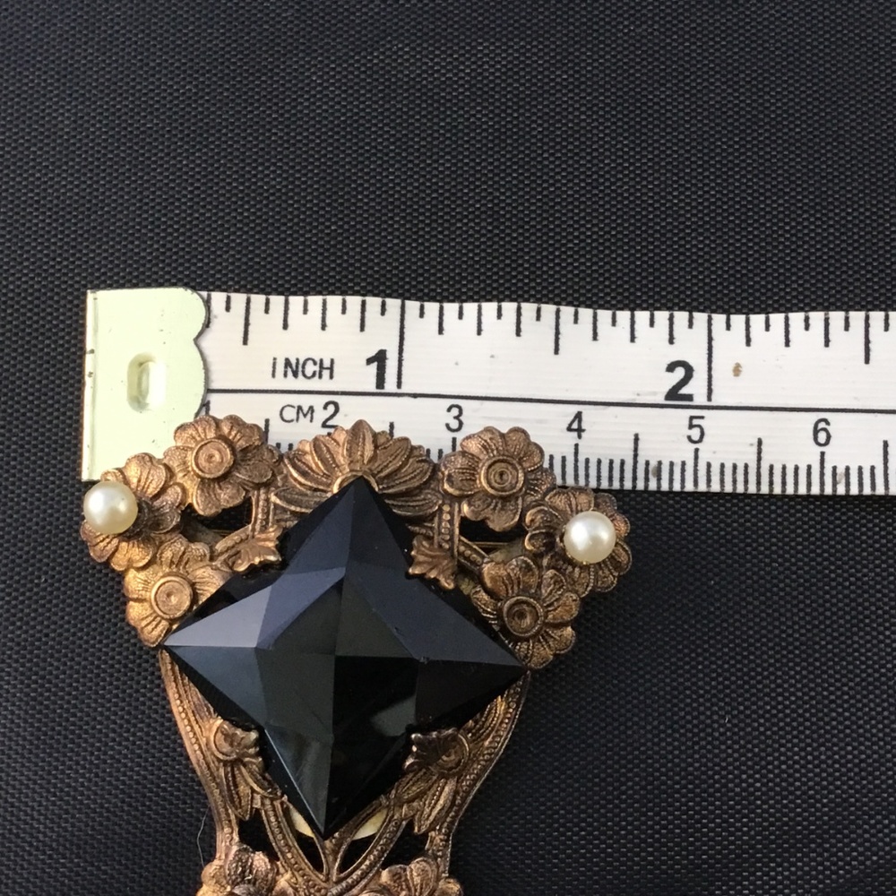 Vintage Pin Brooch Jet Pearls Gold Tone 3" long - Picture 7 of 7